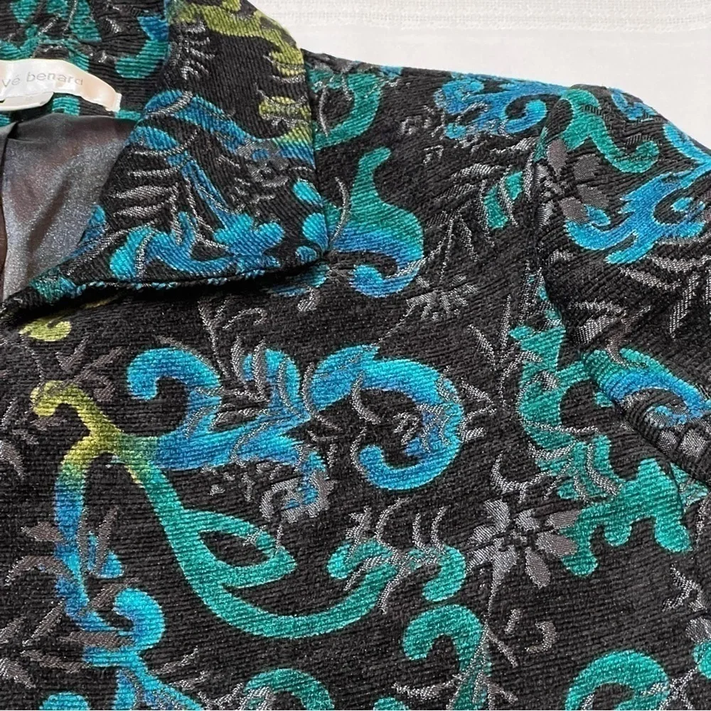 Harvé Benard Black Teal‎ Velvet Damask Open Front Jacket Blazer Sz 12